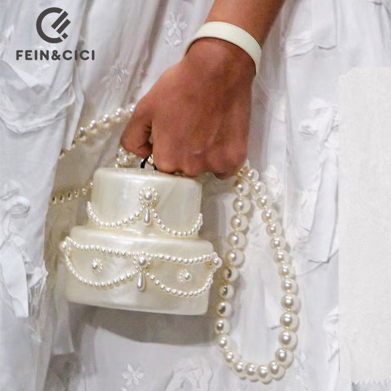Evening Bag Beaded - Cake shape clutch bag acrylic pearl